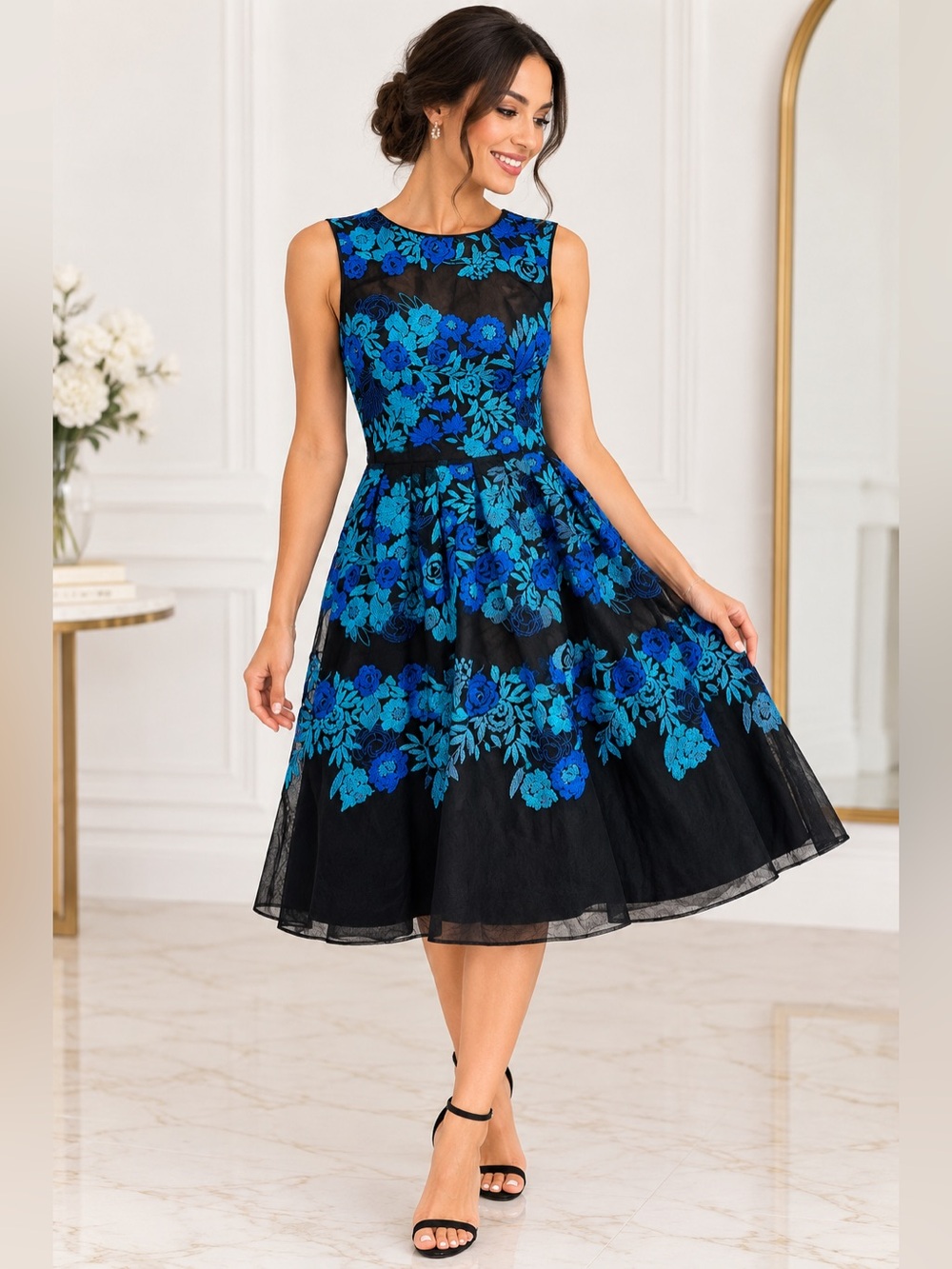 Tahari Black Midi Dress with Blue Floral Embroidery